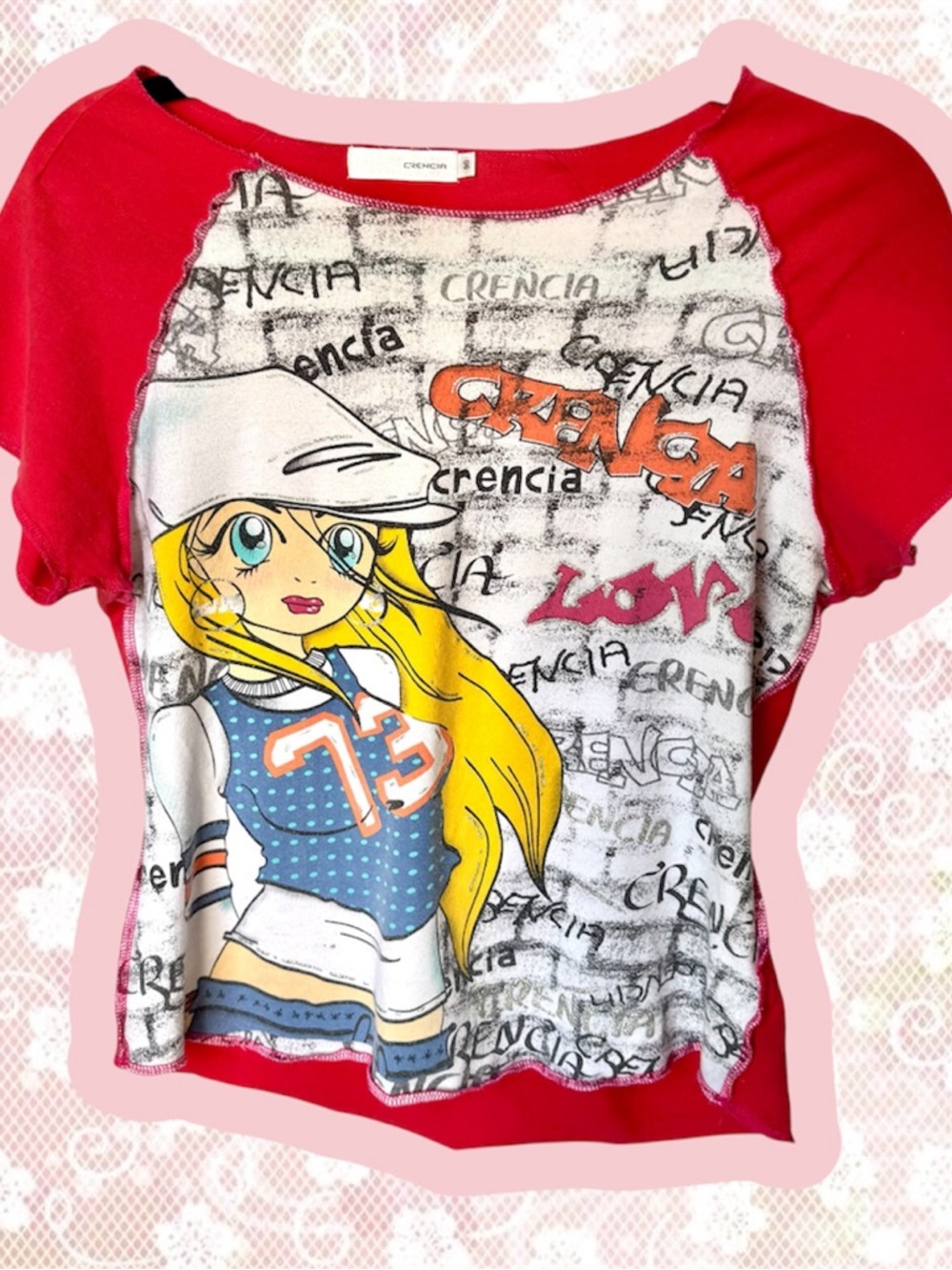 Red Graphic Anime Y2K Graffiti Short-Sleeve Tee Women’s Large Cropped Tee